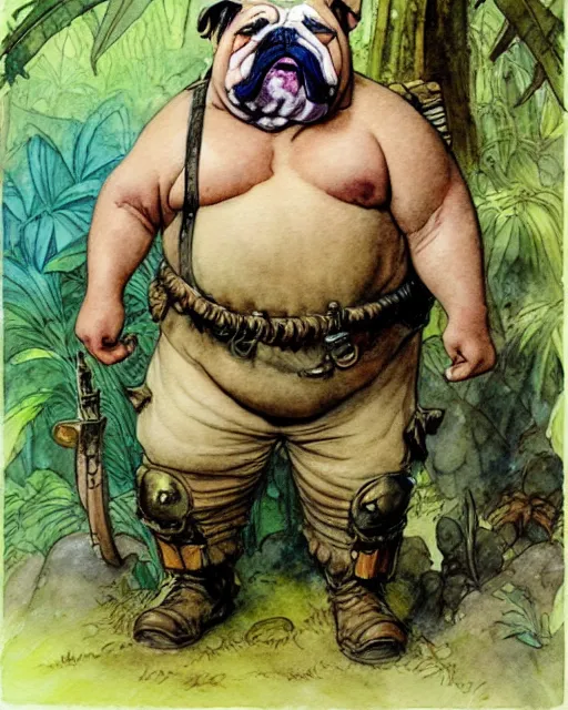 Image similar to a realistic and atmospheric watercolour fantasy character concept art portrait of a fat adorable chibi bulldog soldier with body armor in the jungle, by rebecca guay, michael kaluta, charles vess and jean moebius giraud