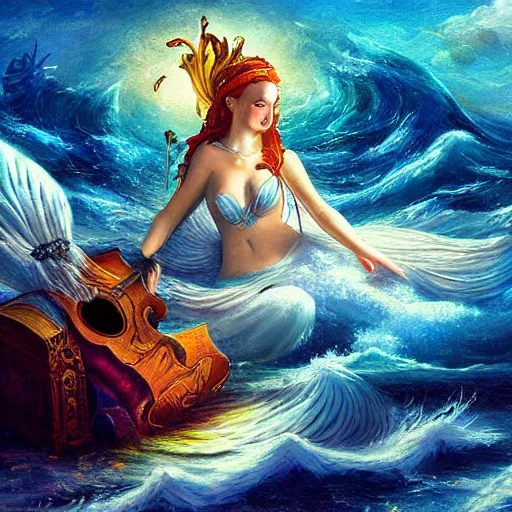 Image similar to musical sea goddess lulling pirates to sleep, beautiful composition, wide angle, colorful, cinematic, volumetric lighting, intricate details painting