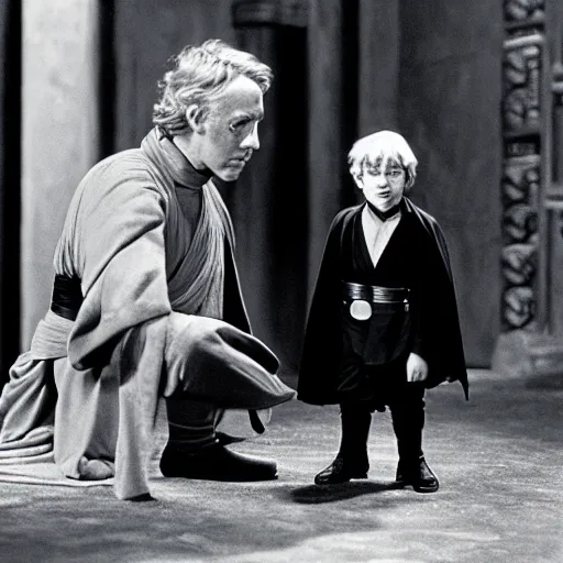 Prompt: film still of young alec guiness and young sebastian shaw as jedis in new star wars movie, dramatic lighting, highley detailled face, kodak film, wide angle shot, photorealistic