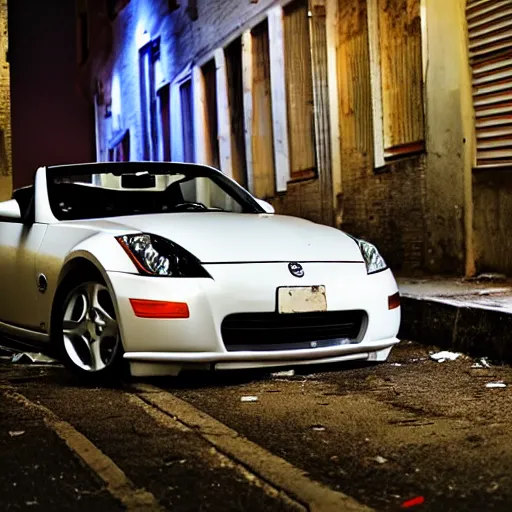 Prompt: decaying white 350z roadster abandoned in alley night time decrepit shot from bladeruner 2049