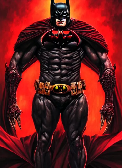 Image similar to portrait of aggressive demonic damned batman, d & d, muscular! athetic slim bodybuilder, red and black, futuristic, fantasy, intricate, elegant, highly detailed, digital painting, artstation, concept art, smooth, sharp focus, illustration, art by artgerm and greg rutkowski and alphonse mucha