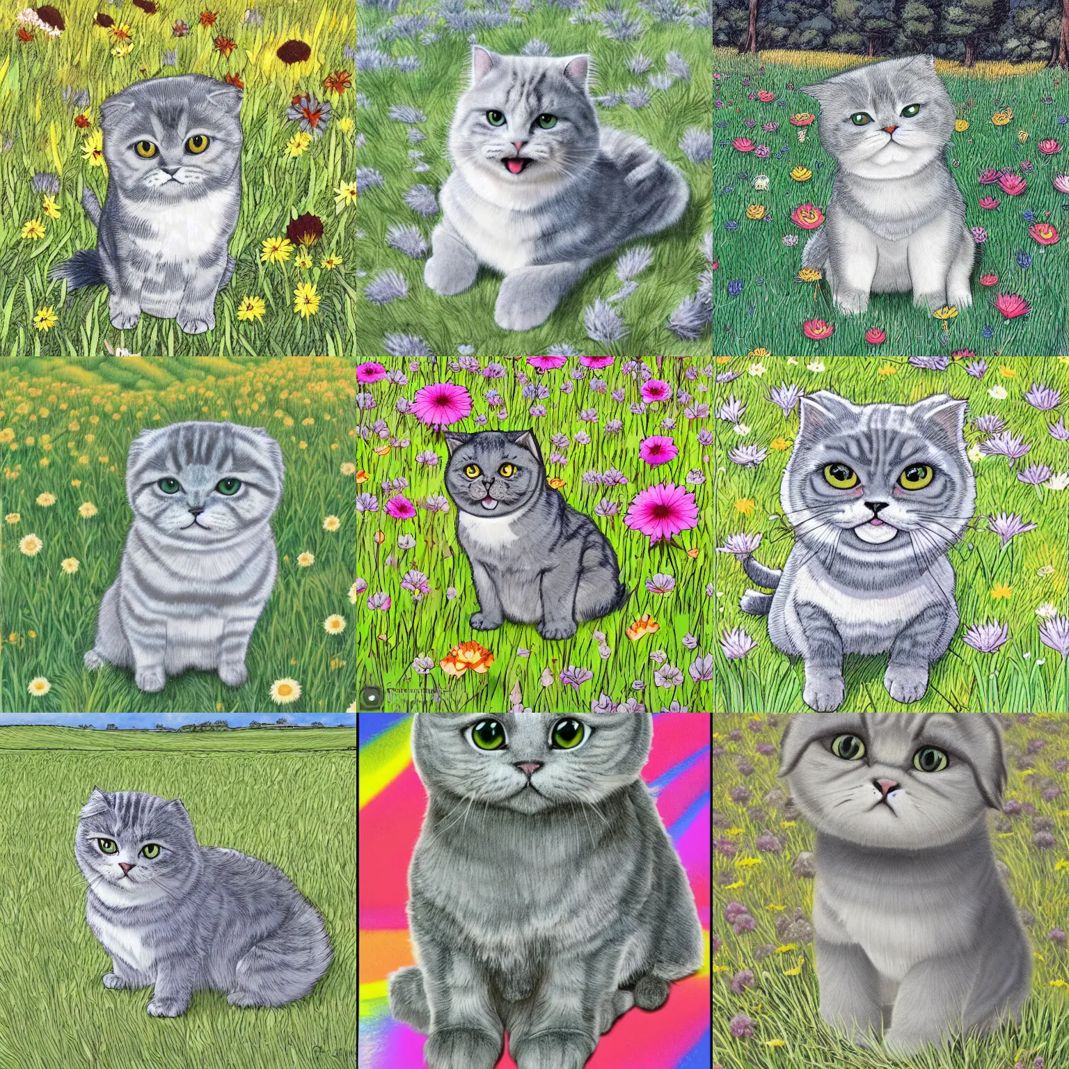 Prompt: a gray scottish fold sitting in the middle of sunny meadow, colored, by yusuke murata