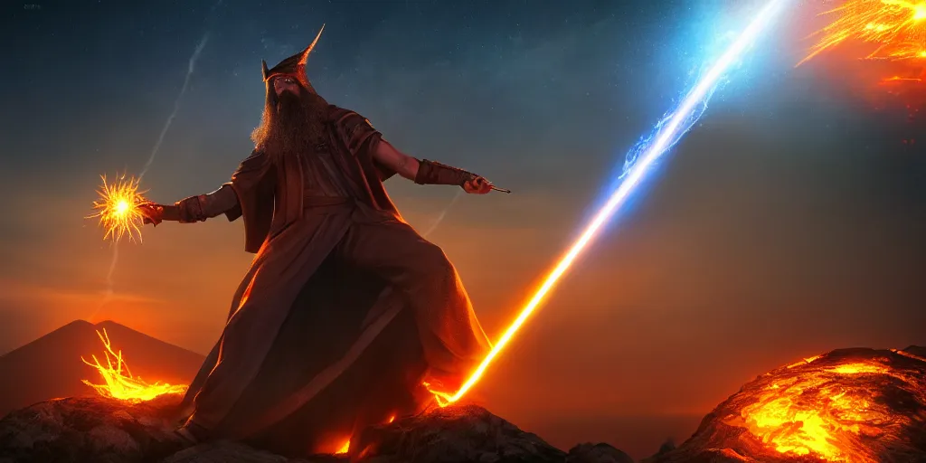 Image similar to levitating wizard wielding a sword, opening a shining portal, night sky, horizon of an erupting volcano, 4 k, ultra realistic, detailed, epic lighting, high detail, masterpiece, trending on artstation