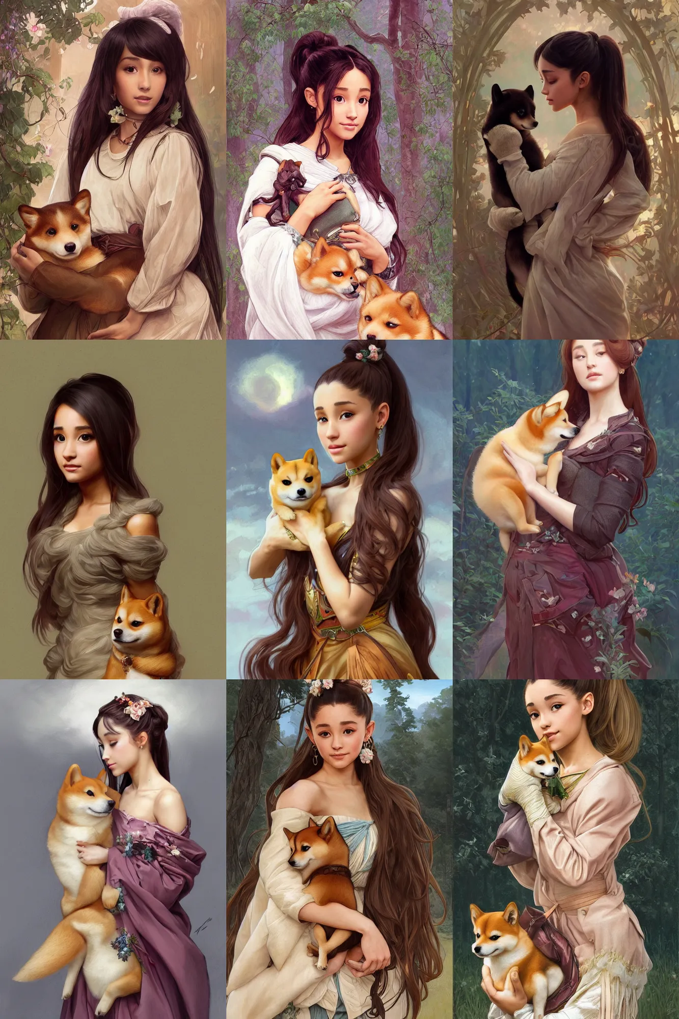 Prompt: beautiful cottagecore Ariana Grande holding a Shiba Inu dog, intricate, elegant, highly detailed, digital painting, artstation, concept art, smooth, sharp, focus, illustration, art by artgerm and greg rutkowski and alphonse mucha