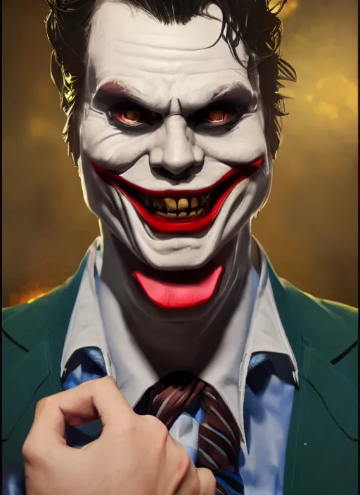 Prompt: impostor jerma as joker, hyper detailed, digital art, trending in artstation, cinematic lighting, studio quality, smooth render, unreal engine 5 rendered, octane rendered, art style by klimt and nixeu and ian sprigger and wlop and krenz cushart.