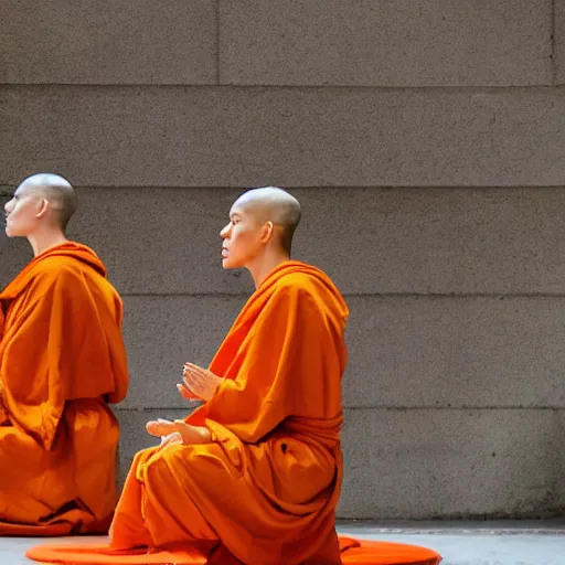 Prompt: humanoid dinosaurs wearing orange monk robes sitting in a circle in meditation pose