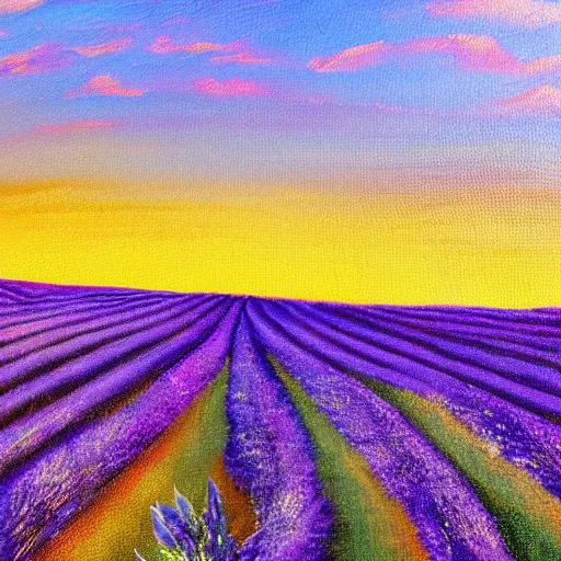 Image similar to painting of lavender field, highly detailed, golden hour