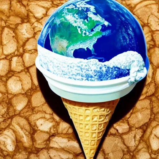 Image similar to earth made of ice cream, in a cone, which is melting under the heat