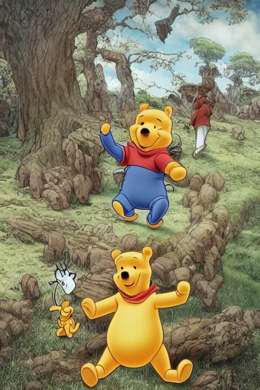 Prompt: Winnie the Pooh as a titan from attack on titan oil on canvas, intricate, portrait, 8k highly professionally detailed, HDR, CGsociety
