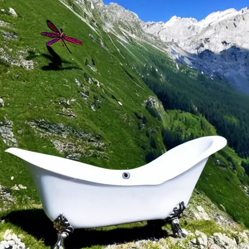 Image similar to dragonfly in a bathtub in the alps, goats in background