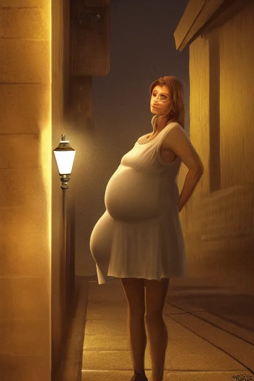 Image similar to pregnant woman under street light, highly detailed, sharp focused, ultra realistic digital concept art by Greg Olson