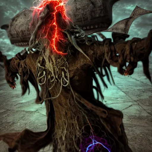 Prompt: A necromancer pulsing with necrotic energy, Art by Wendy Froud, power auras, sigils, tattered cloth robes, substance 3d painter, PBR textures, Physical based rendering, cinematic, hyper realism, high detail, octane render, unreal engine, 8k, Vibrant colors, Smooth gradients, High contrast, depth of field, aperture f2.8