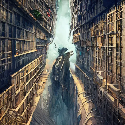 Image similar to You see yourself descending from a building to the ground, fantasy, surreal, digital art, artstation