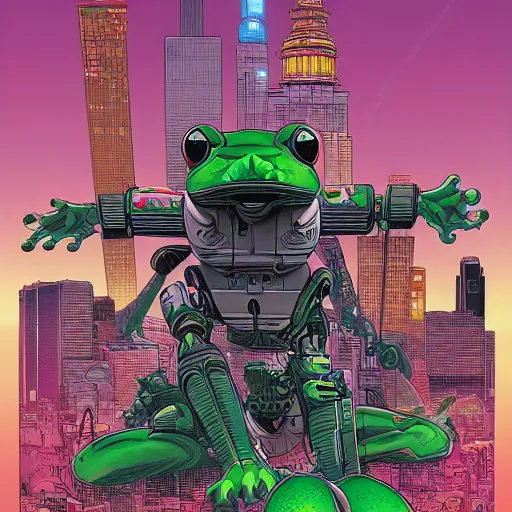 Image similar to huge frog robot devastating the city, by yoichi hatakenaka, masamune shirow, josan gonzales and dan mumford