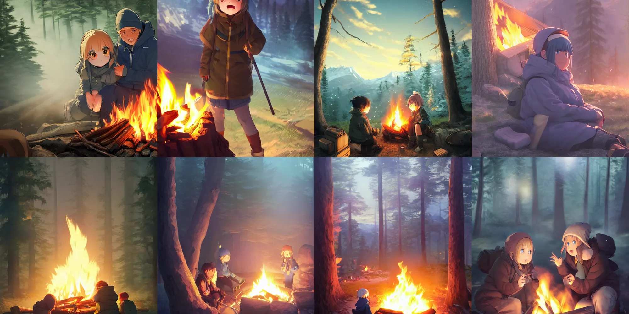 Image similar to yuru camp anime campfire hyperdetailed blue eyes, trending on artstation, cinematic lighting, highly realistically detailed, trending on pixiv , Unreal Engine 4k, detailed faces, manga cover, official anime key visual by greg rutkowski