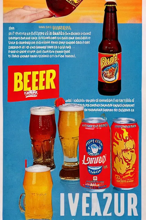Prompt: beer advert, from the 8 0 s, print in a magazine