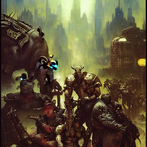 Prompt: rocksteady rhino. shadowrun furaffiniy cyberpunk fantasy highly detailed painting by gaston bussiere craig mullins jc leyendecker gustav klimt artgerm greg rutkowski john berkey, bergey, craig mullins, ruan jia, raymond swanland, jeremy mann, tom lovell, alex malveda