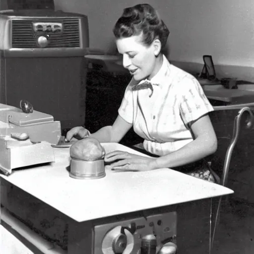 Image similar to an early 1950s photo of someone sitting at a computer making a donut in blender3d