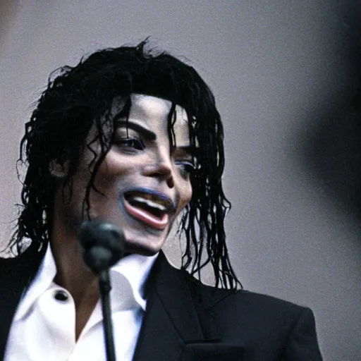 Image similar to cinematic still of Michael Jackson preaching at a Baptist Church in Atlanta in 1989, close up, shallow depth of field, cinematic