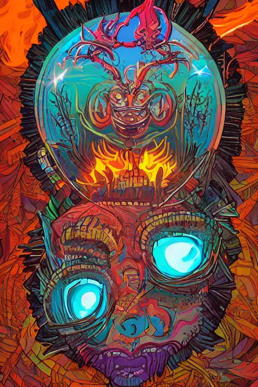 Image similar to totem animal tribal chaman vodoo mask feather gemstone plant wood rock video game illustration vivid color borderlands by josan gonzales and dan mumford radiating a glowing aura