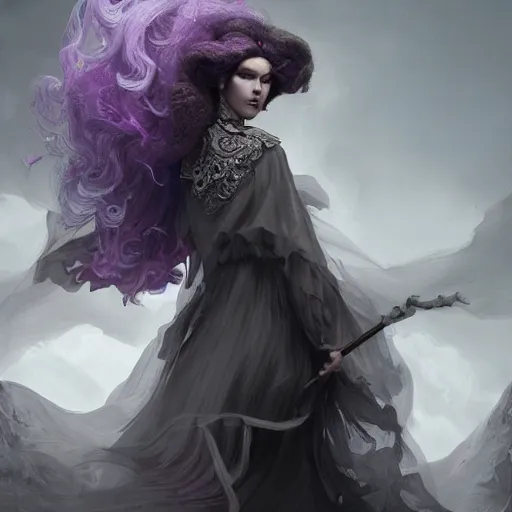 Image similar to picture generation, soft painting curiosities carnival, beautiful battle mage in full long dress, perfect face, accurate features, focus, very intricate ultrafine details, black white purple volumetric clouds, award winning masterpiece, octane render 8 k hd, tom bagshaw artstyle