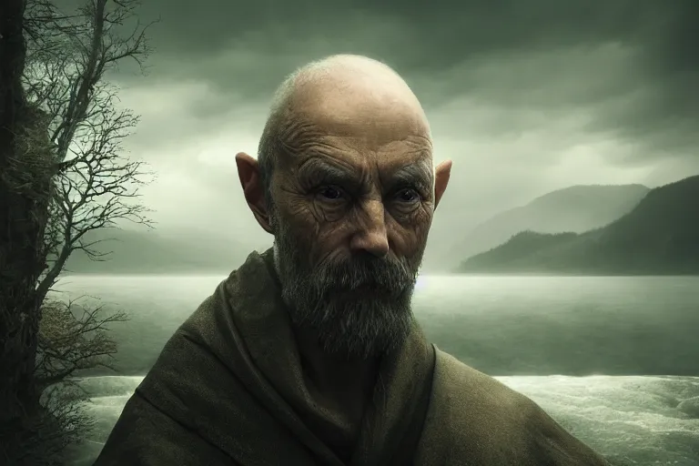 Prompt: an ultra realistic cinematic headshot portrait of an evil wizard, background of a vast serene landscape with trees and rivers, detailed, deep focus, movie still, dramatic lighting, ray tracing, by michal karcz and yoshitaka amano