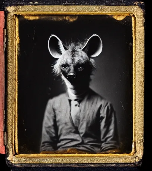 Image similar to professional studio photo portrait of anthro anthropomorphic spotted hyena head animal person fursona wearing clothes by Louis Daguerre daguerreotype