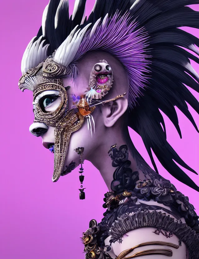 Image similar to 3 d goddess close - up profile simple portrait punk with mohawk with goat skull. beautiful intricately detailed japanese crow kitsune mask and clasical japanese kimono. betta fish, jellyfish phoenix, bio luminescent, plasma, ice, water, wind, creature, artwork by tooth wu and wlop and beeple and greg rutkowski