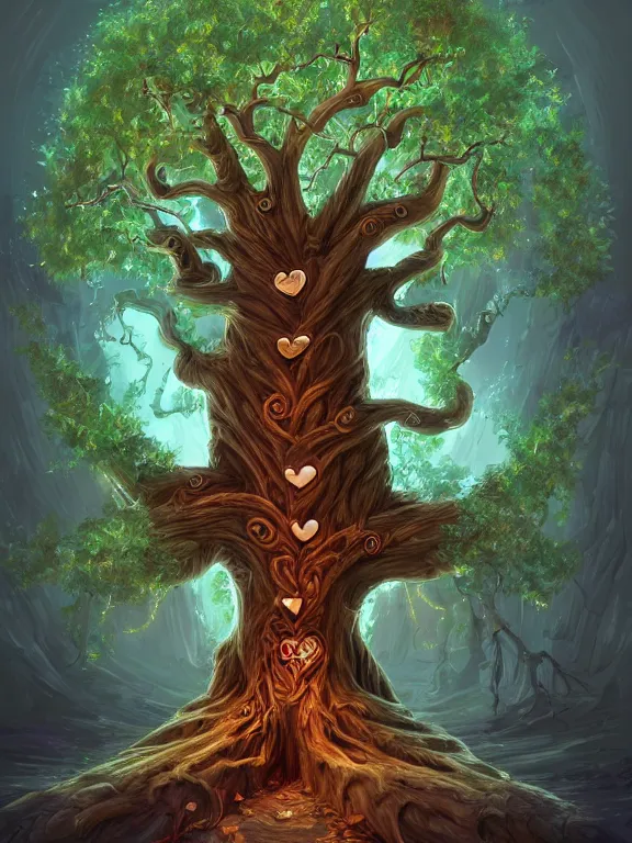 Prompt: A beautiful digital illutration painting of a detailed fantasy tree with a heart carved in the trunk by, 8k resolution deviantart trending on Artstation concept art digital illustration