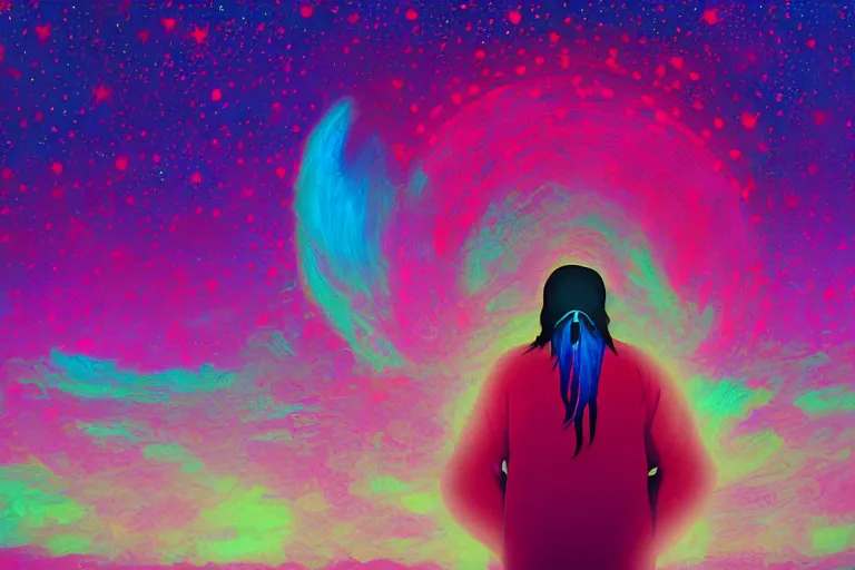 Image similar to digital art of a spiritual native american man looking up at the stars, acrylic art, universe, painting, pastel colors, synthwave, retro, cyberpunk,