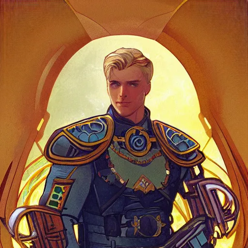 Prompt: portrait of uncannily beautiful blonde man, genetically perfect, with distant expression and piercing blue eyes, wearing fascist Byzantine police uniform and standing in ancient bronze arcology airlock, science fiction concept art by Anato Finnstark, Alphonse Mucha, and Greg Rutkowski