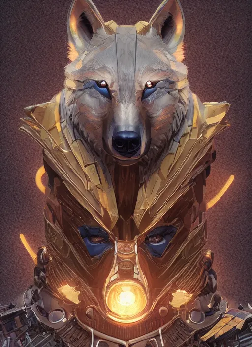 Image similar to wolf - headed superhero, hyper detailed, digital art, trending in artstation, cinematic lighting, studio quality, smooth render, unreal engine 5 rendered, octane rendered, art style by klimt and nixeu and ian sprigger and wlop and krenz cushart.