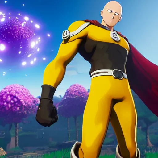 Image similar to one punch man in fortnite, character render, full body shot, highly detailed, in game render