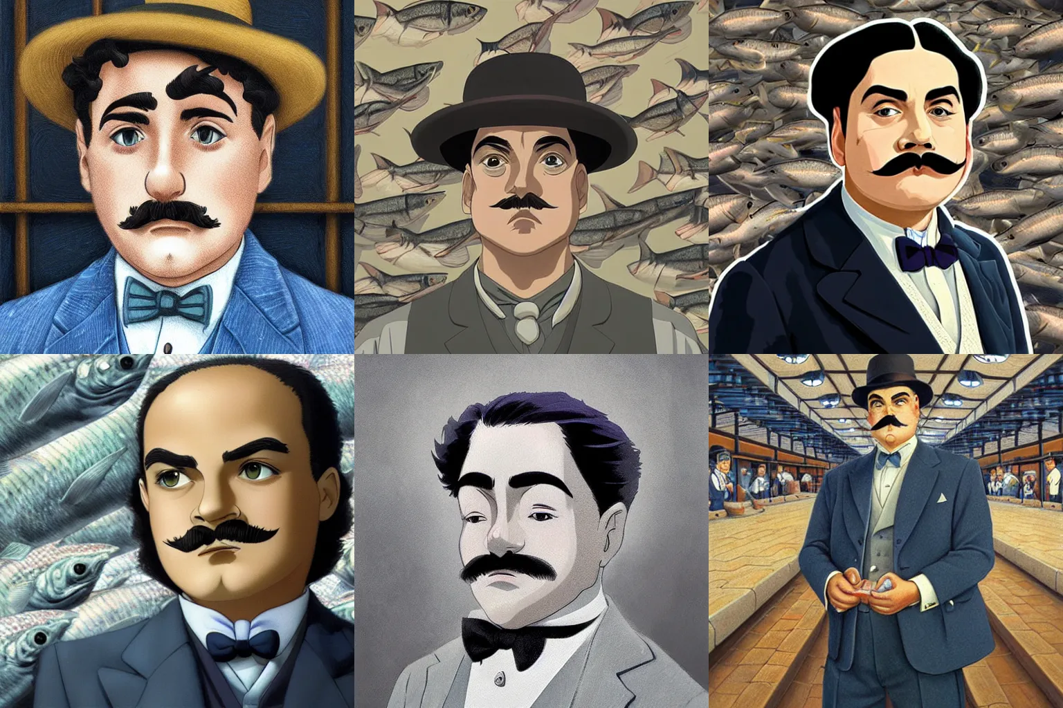 Prompt: stunning head and shoulders portrait of young hercule poirot in yokohama fish auction, harsh realism, digital art by rob gonsalves, still from studio ghibli