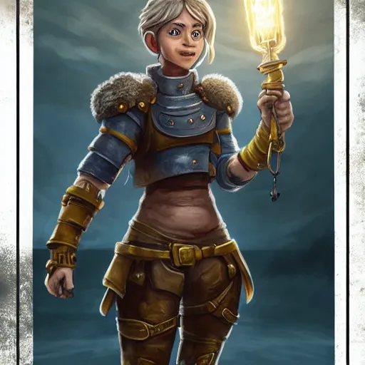 Prompt: full body portrait of a scrappy female gnome engineer with pixie undercut hair and one prosthetic metal gauntlet arm, standing on a ship deck, naval background, fantasy, D&D, full body portrait, highly detailed, digital painting, HD, trending on ArtStation, dark fantasy, great composition, concept art, matte, sharp focus, illustration, art by artgerm and greg rutkowski