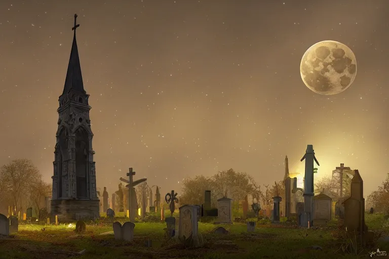 Image similar to an ultra detailed animation of a church steeple in a graveyard at midnight on halloween, digital art, dark fantasy, concept art, soulslike, by alphonse mucha, blood moon eclipse, ruined building in the background, artstation, 8 k, unreal engine render