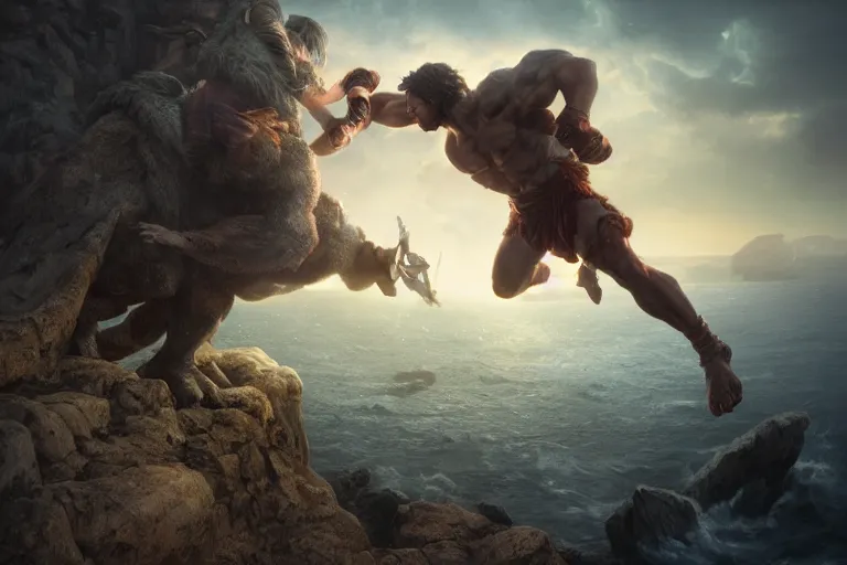 Prompt: Hercules in an intense fight against Perseus over a cliff, artwork by Stefan Kopinski and Guillem H. Pongiluppi, greek setting, photo realistic, volumetric lighting, HDR, 4k, high detail