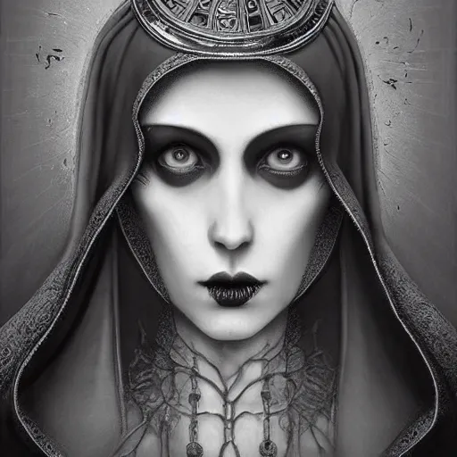 Prompt: By Tom Bagshaw, ultra realist soft painting of a gothic crypt by night, Kawai female nun and dressed, horror, omnious sky, symmetry accurate features, very intricate details, black and white, volumetric light clouds