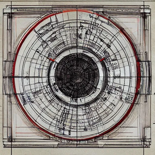 Prompt: blueprints for a time machine on white paper :: red ink : realistic : paper : in the style of Davinci