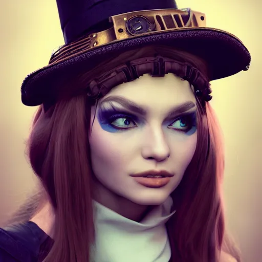 Prompt: a beautiful steampunk woman, long hair, aged 2 5, slovenian, wearing a travel hat, photo realistic, real life, octane render, trending on artstation