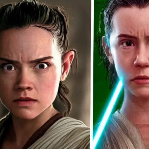 Image similar to Rey from Star Wars twenty years older as a Jedi Master