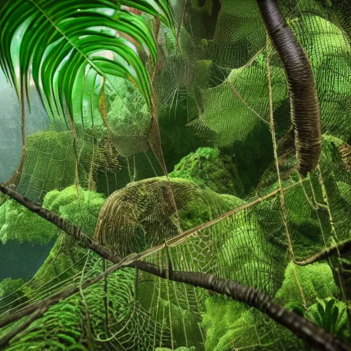 Prompt: jungle filled with spider web, ultra realistic, intricate details, highly detailed, photorealistic, 8 k, vegetation, water