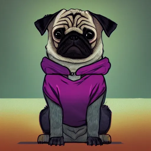 Image similar to a sad pug wearing a hoodie with the word'sad'typed on it in upper case letters, digital art, synthwave style, trending on artstation, matte painting