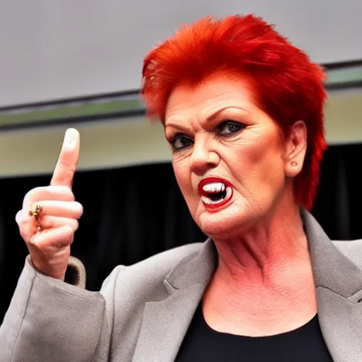 Image similar to Pauline Hanson poking out her forked snake tongue