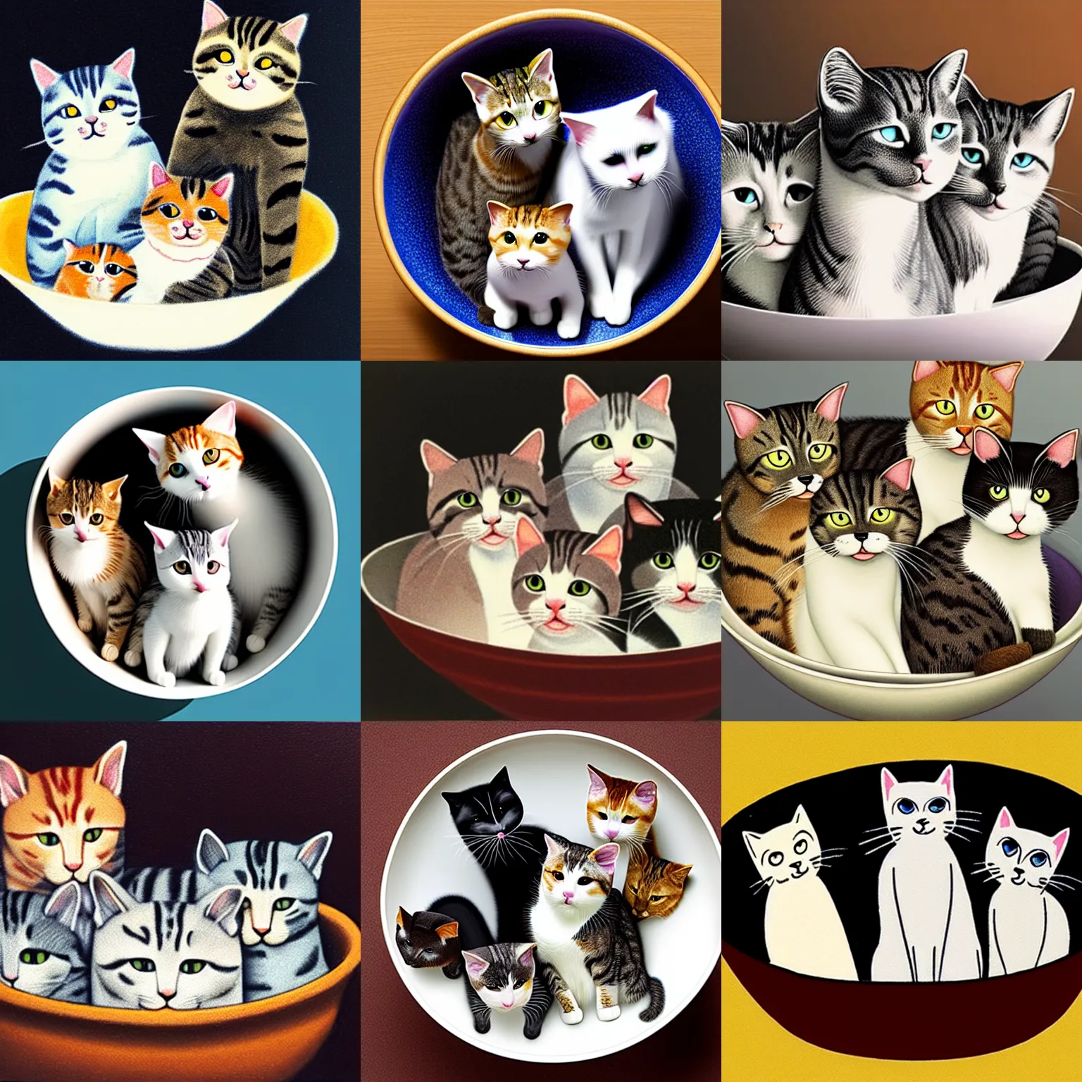 Prompt: photo of a bowl of cats, high detail, hyperrealistic