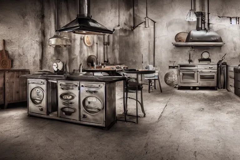 Image similar to a kitchen with kitchenisle by peter vetsch, dieselpunk design, metal, iron, rust, photography, promotional photoshoot, zeiss lens, design, studio lighting, 8 k, high detail