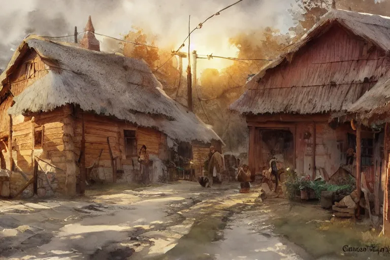 Prompt: watercolor painting of rustic village street, straw roof, scandinavian mythology, ambient lighting, art by hans dahl, by jesper ejsing, art by anders zorn, wonderful masterpiece by greg rutkowski, cinematic light, american romanticism by greg manchess, creation by tyler edlin