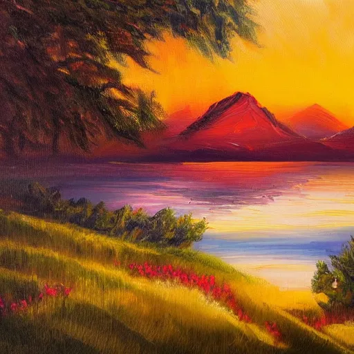 Prompt: A sunset landscape with mountains, lake, trees and flowers, oil painting
