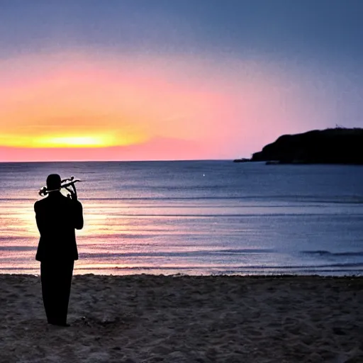 Prompt: a man playing a saxophone on the beach at sunset, an album cover by Theodore Earl Butler, unsplash, harlem renaissance, dynamic composition, anamorphic lens flare, photo taken with nikon d750