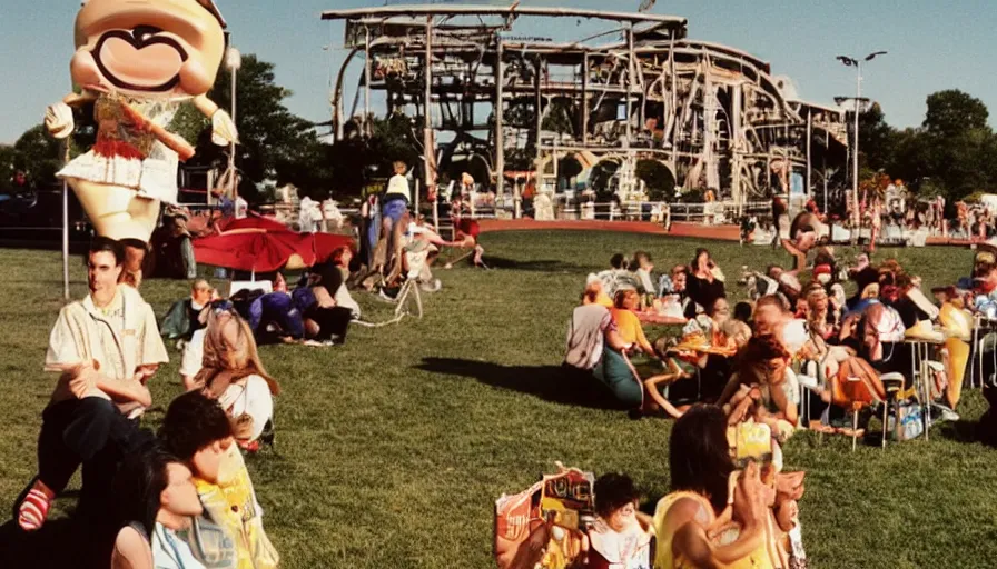 Prompt: 1990s candid photo of a beautiful day at the park, cinematic lighting, cinematic look, golden hour, costumed packaged food mascot people in the background, Enormous personified packaged food people with happy faces and hands talking to families, UHD